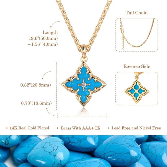 Gold Clover Necklace Women Dainty 14K Gold Blue Onyx Pendant Adjustable Chain - Picture 6 of 6